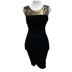 Plenty by Tracy Reese Black Draped Metallic Gold Yoke Bodycon Dress